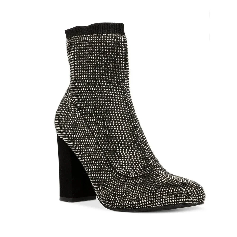 New Wild Pair Baybe Black Rhinestone Block Heel Sock Booties SZ 8 Glam Y2K Party